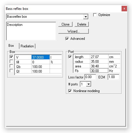 bassreflex pfeiltaste bedienung in lspcad