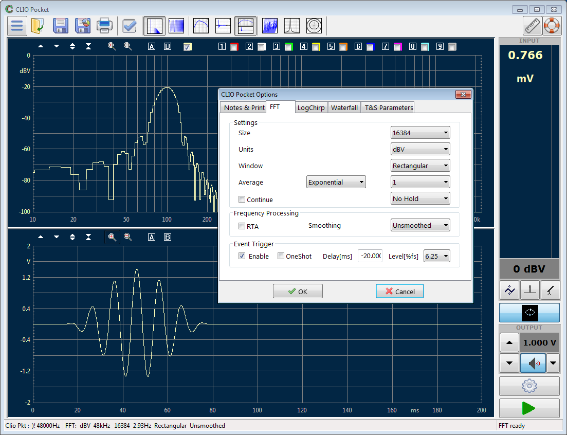 Clio Pocket von Audiomatica GUI mit FFT Einstellungen